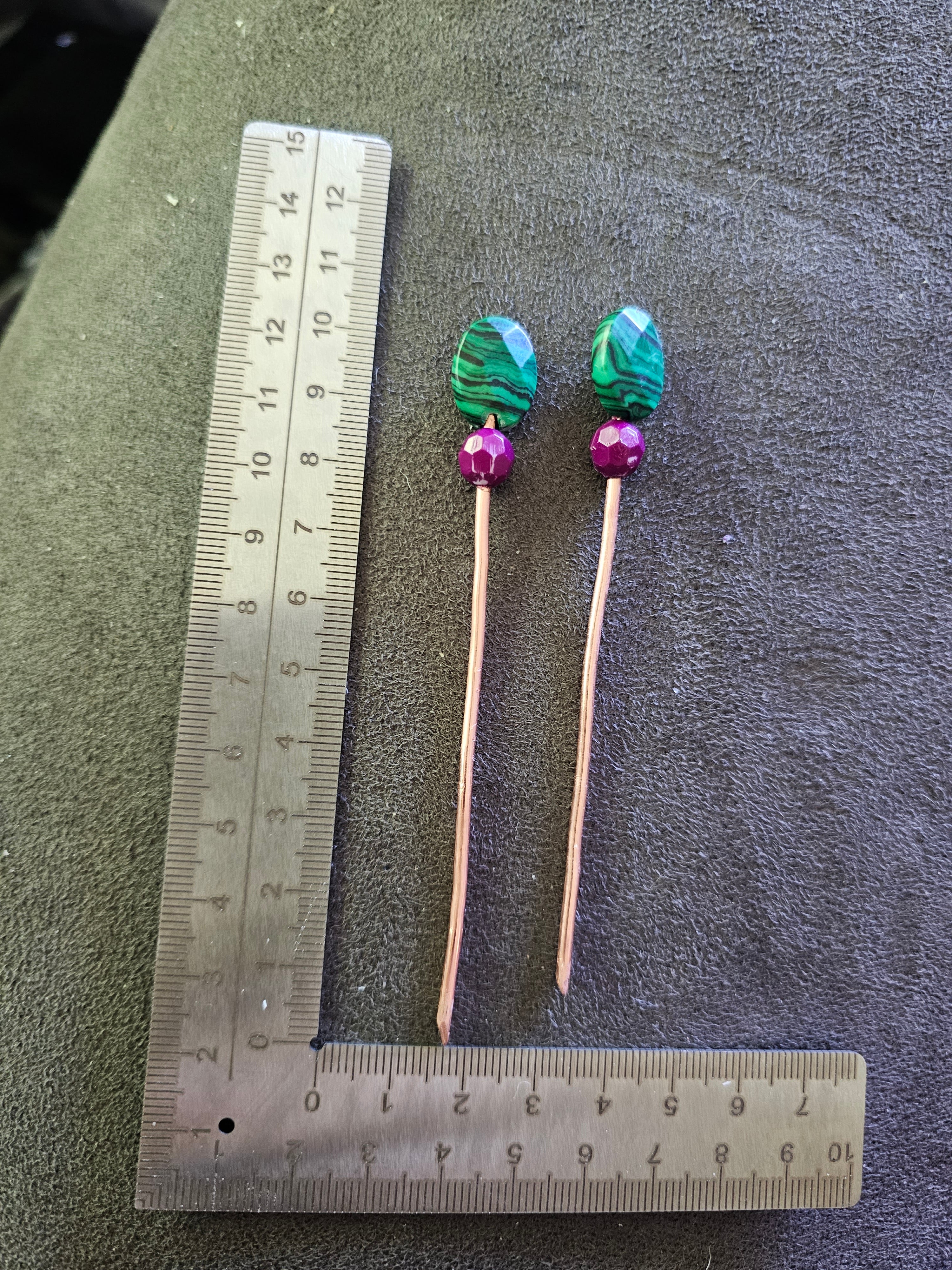 Malachite and purple hairpins (2)